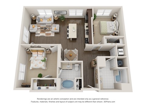 A 3D floor plan of a small apartment with two bedrooms and a living room.
